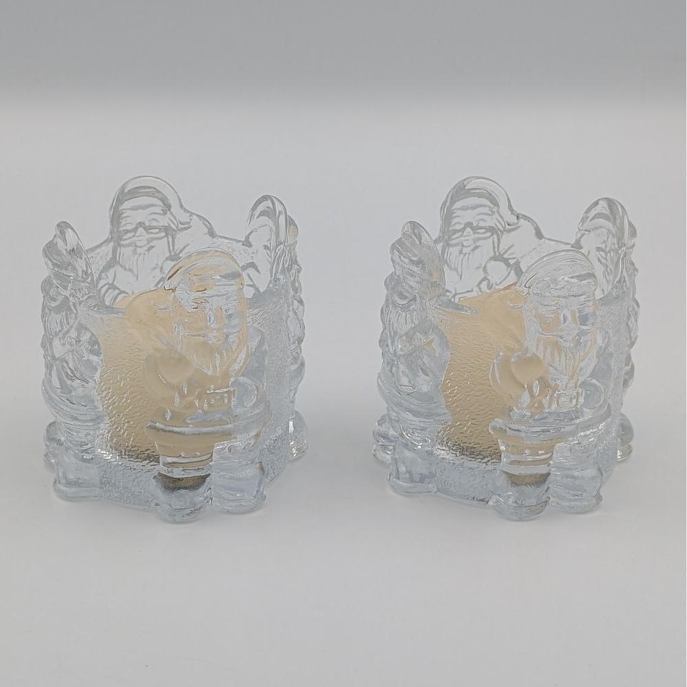 Vintage Potpourri Press 1988 Santa Glass Votive Candle Holders Set of 2 Clear